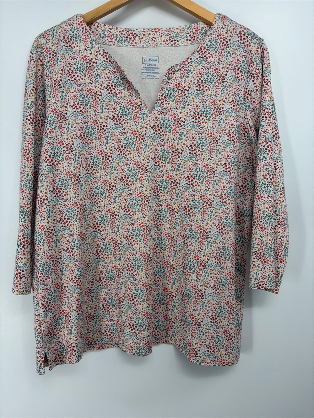 L.L. Bean V-Neck Floral Top - Size 1X Supima Cotton